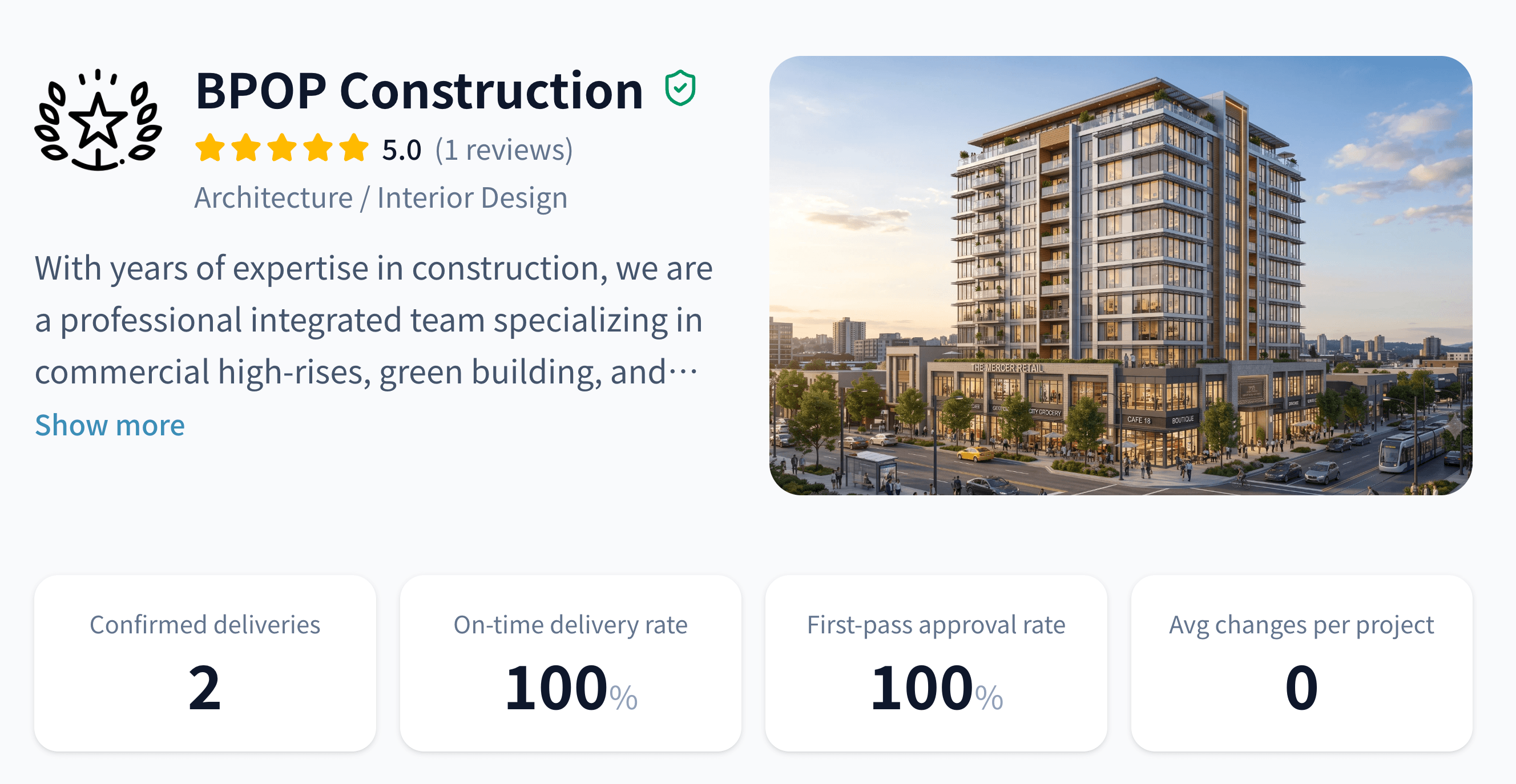 Steady Build Co.'s performance passport: verified organization, 5.0 rating, 8 confirmed deliveries, 88% on-time rate, 100% first-pass rate
