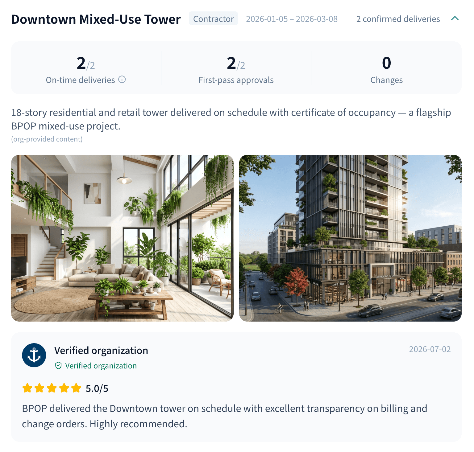 Xinyi Road office project record: 4/4 on-time, 4/4 first-pass, with a verified-organization 5.0-star owner review